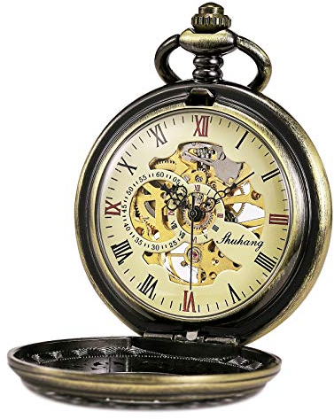 TREEWETO Taschenuhr mit Kette Herren Analog Handaufzug Antik Skelett Römische Ziffern Bronze