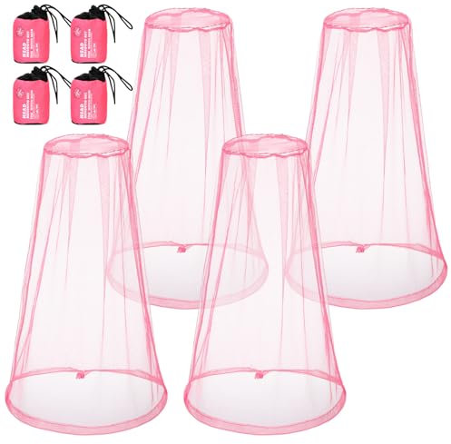HESTYA Moskitonetz für Kopf, Gesicht, Hals, Fliegennetz, Haube von Bugs Gnats, unsichtbares Netz, mit Tragetaschen für den Außenbereich, Rosa, 4 Stück