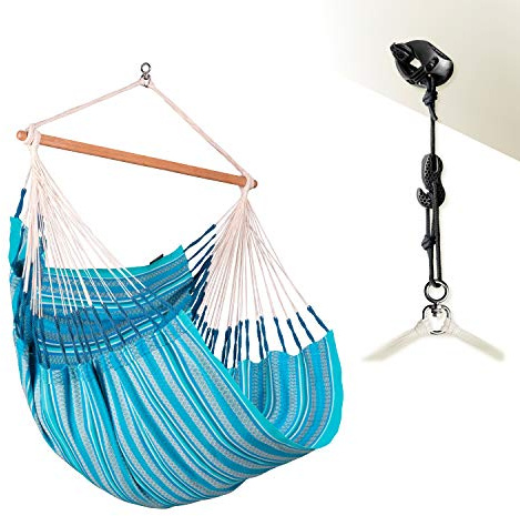 LA SIESTA® Habana - Chaise-Hamac Bio en Coton Comfort, Rotation à 360°, Design Courbé, Fabrication Colombienne - Azure, Comfort avec Fixation