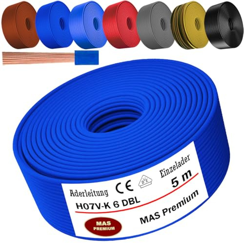 MAS Premium De 5 à 100m Câble conducteur H07 V-K 6 mm² Noir Marron Bleu foncé Vert jaune Gris Rouge Orange ou Bleu clair, conducteur unique flexible (Bleu foncé, 5m)