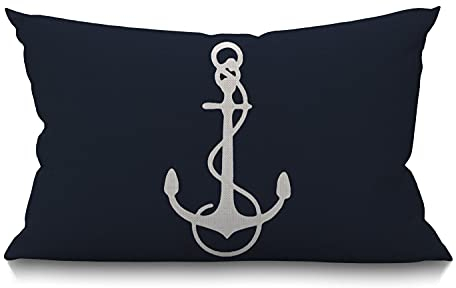 Smooffly Rechteckiger Kissenbezug für Sofakissen, Marineblau, Weiß, nautisches Segel-Dekor, Anker, Baumwolle, Leinen, Kissenbezug, Sofa, Sessel, Schlafzimmer, Wohnzimmer, 30,5 x 50,8 cm