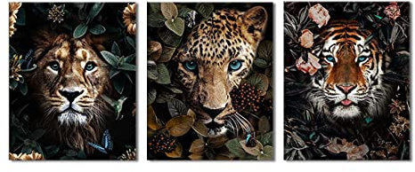 ZHONGYUTONG Dschungel Safari Tier Leinwand Kunstdruck 3-teilig Löwe Tiger Leopard Poster Tiere Gemälde für Wohnzimmer Schlafzimmer Dekoration (Kein Rahmen, 20x25cmx3 Stück)