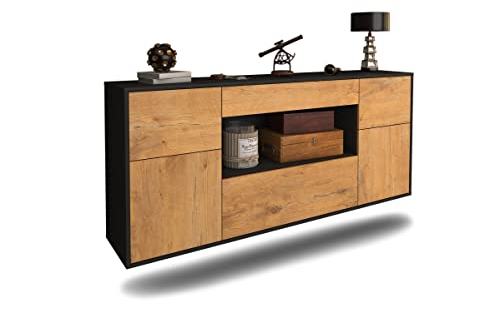 Kommode Sideboard hängend - Oldenburg - Korpus anthrazit matt - Front Holz Design Eiche- (180x77x35cm) - Push to Open Technik & hochwertigen Leichtlaufschienen - Made in Germany