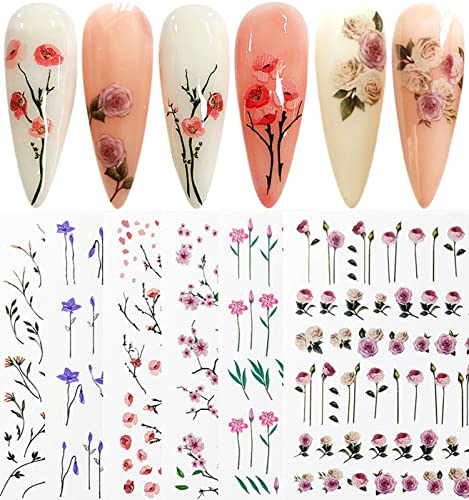 Spring Flower Nail Art Stickers Decals Self-Adhesive Cherry Blossom Floral Willow Morning Glory Design Manicure Tips Nail Decoration for Women Girls 6 Sheet