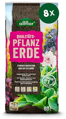 Allflor Pflanzerde I 8 x 60 Liter Beutel I Erde gebrauchfertig, aufgekalkt, aufgedüngt I Blumenerde für Pflanzungen im Garten oder im Kübel I Schnelles und optimales Wachstum