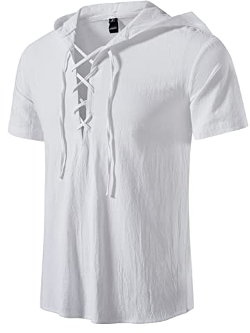 LucMatton Herrenhemden aus Baumwolle, traditioneller Retro-Stil, zum Schnüren, kurzärmelig, für Mittelalter, Wikinger, Hippie-Matching, Weiß A, L