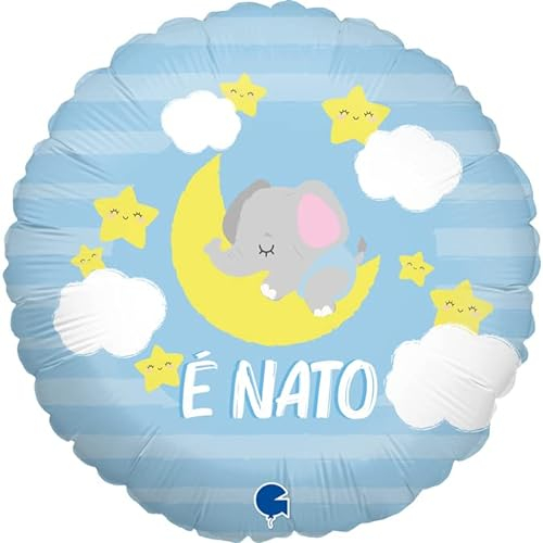 Grabo Palloncino Nascita Bimbo. Palloncino Rotondo per Baby Shower, Battesimo, Gender reveal. In foil con cannuccia per gonfiarlo. Palloncini colorati Made in Italy 35x35 cm, Azzurro