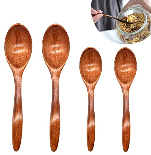 Cuillere en Bois Set de 4, Cuillere a Cafe en Bois Naturel Cuillère Thé Bois Cuillere Bois Fait à La Main Petite Cuillere en Bois Thé Café Miel Sucre Assaisonnement Soupe Riz Fouetté (14cm+18cm)