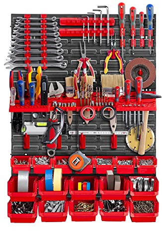 KADAX Werkstattwandregal, 58x78cm Lagersystem aus robustem Kunststoff, UV-Resistentes Werkstattregal, Erweiterbare Wandplatten, Schüttenregal für Garage (Rot, 38 TLG.)