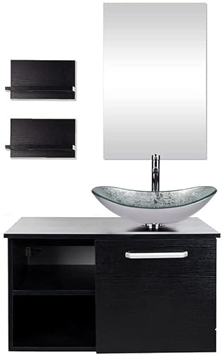 YU YUSING Ensemble de Meubles de Salle de Bain avec Lavabo et Miroir, Meuble de Salle de Bain avec Armoire de Rangement, Miroir, 2 Étagères Murales, Vasque, Ensemble de Robinets (Argenté Moderne)