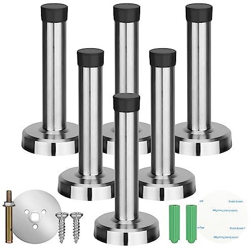 Chyaya 6 Pack Door Stop, Self-Adhesive Door Stoppers with Screws, Anchors and Rubber Buffer, Screw Fixing or Stick on Wall, Heavy Duty Stainless Steel Doorstops for Home Bathroom Bedroom Door