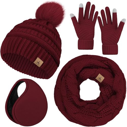 LOROME Wintermütze Schal Handschuhe und Ohrenwärmer, Warme Strickmütze Touchscreen Handschuhe Set Wintergeschenke Halstücher für Frauen, Weinrot, 13*10.23 inch
