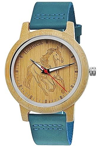 Holzwerk Germany Handgefertigte Damen-Uhr Herren-Uhr Unisex Öko Natur Holz-Uhr Leder Armband-Uhr Analog Quarz-Uhr mit Pferde Pony Motiv Uhr in Türkis Blau Braun