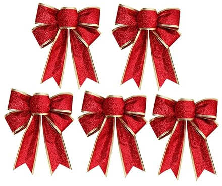 Warmhm 5 Stück Glitzernde Stoff-Weihnachtsschleifen Rote Schleifen Weihnachtsschleifen Weihnachtsbaum-Hängedekoration Für Geschenkverpackungen Weihnachtsdekoration