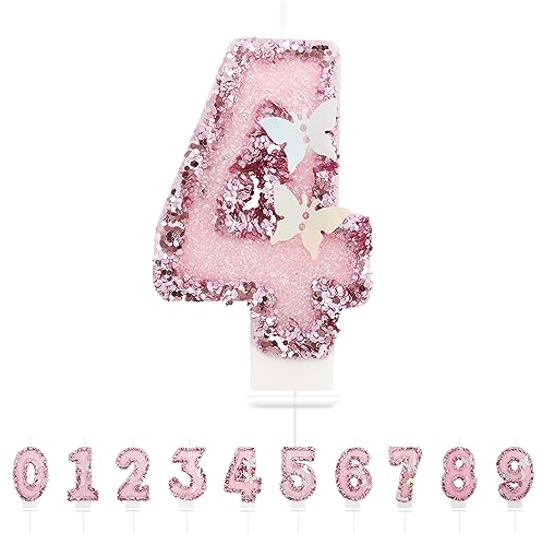 Geburtstagskerzen Zahlen 4,3D Schmetterling Geburtstagskerzen,Rosa Geburtstag Kerzen 4, Kuchen Topper Dekoration Kuchendeko Geburtstag, Geburtstagskerzen für Geburtstagsdeko
