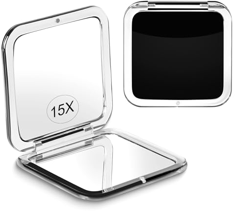 15X grossissant Miroir de maquillage compact pour les voyages, petit miroir de poche, pliable et portable. Double face avec grossissement 15X et miroir 1X pour sacs à main - Carré 8,4 cm (noir)