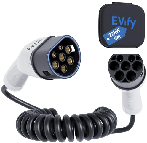EVify Câble de charge spiralé de type 2 22 kW 5 m 32 A pour voiture électrique & hybride avec sac de rangement • Câble spirale triphasé pour EV PHEV • Peu encombrant, convient pour tous les modèles de