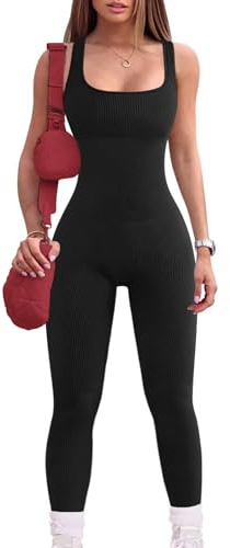 MAYROUND Damen Jumpsuit Eng Yoga Gerippter Workout Bodysuit Lang Ärmellos Stretch Tank Top Bodycon One piece Ganzkörperanzug
