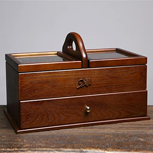 Große Nähkörbe aus Holz, klassischer, erweiterbarer Nähkästchen-Aufbewahrungskorb, einfacher Tragegriff, Nähset-Box-Korb mit Fach