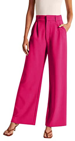 Generisch Frauen Hose mit weitem Bein für die Arbeit Business Entspannt Damen Anzughose mit hoher Taille Lockere Fließende gerade Hose für Bürodamen(Pink, M)