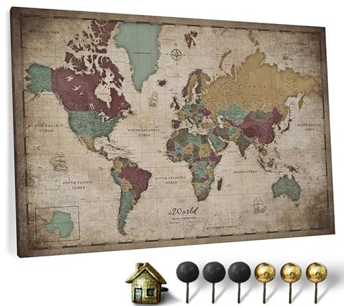 Hochwertige Canvas Weltkarte mit Kork-Pinnwand - Deutsche Beschriftung - Dekorative Wanddeko für alle Zimmer - Leinwandbilder mit Weltkarte Motiv (70x50 cm, Muster 12)