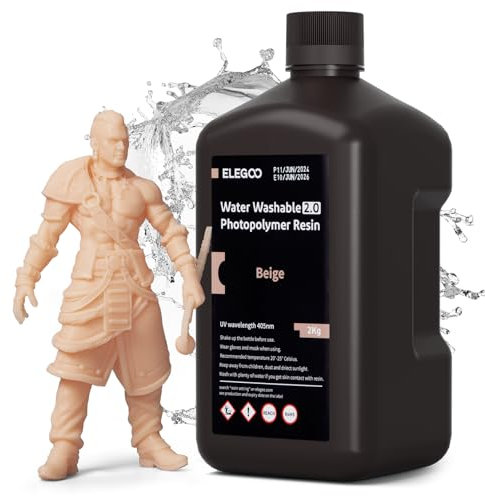 ELEGOO Resin Wasser Abwaschbar 2.0 2000g Beige, Geringe Schrumpfung und Hohe Haltbarkeit 395-405 nm Schnelles Aushärten 3D Drucker Water Washable Resin für MSLA/LCD/DLP Resin 3D Drucker