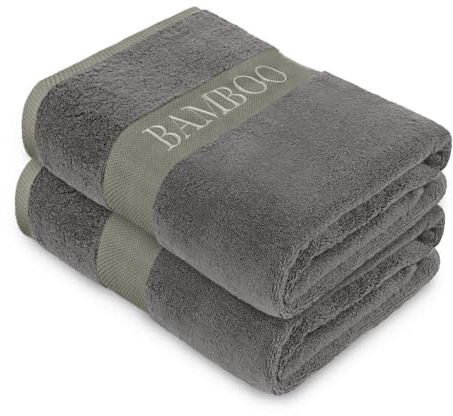 Bamboo Bath Towels Pack of 2 Super Absorbent 500GSM Bath Towel Set Quick Dry Soft 60% Bamboo 40% Cotton Bathroom Shower Towel Charcoal