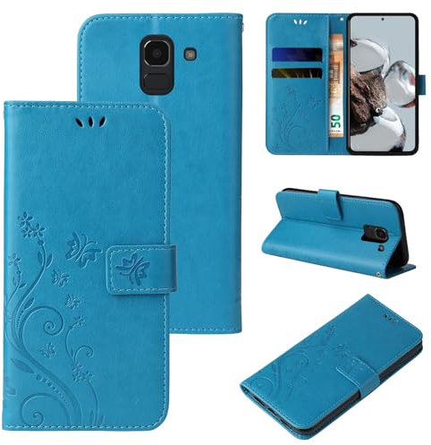 LBH Handy Hülle für Samsung Galaxy J6 Case Handytasche Schmetterling Blumen Flower Standfunktion Schutzhülle Magnet Rundum Schutz 360 Grad Flipcase Cover Blau