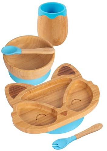 Tiny Dining 5pc Blau Bambus-Fuchs-Baby-Entwöhnungsset - Kleinkind Kinder Essen Fütterung Teller Platte Schüssel Löffel Besteck - Silikon Saugnapf
