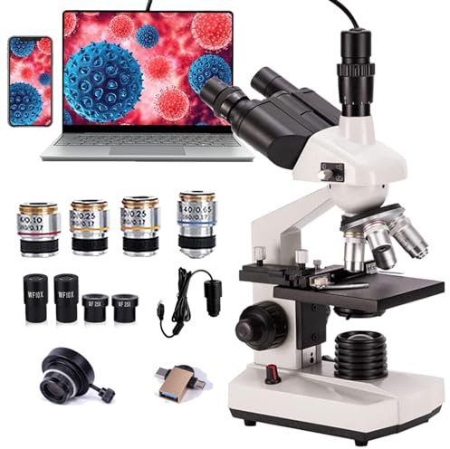 LNNLOO Microscopio Compuesto Trinocular 4000X, con Ocular Electrónico De 5 Millones De Píxeles / 30 × Muestras, Enfoque Ajustable De 20 Mm/Enfoque Fino De 0,015 Mm, para Acuicultura,4000X
