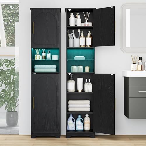 Hzuaneri Armoire de Salle de Bain avec Éclairage LED, Meuble de Rangement avec Deux Portes de Meuble, Étagères Réglables, Grand Meuble Étroit, pour Salle de Bain, Salon, Buanderie Noir SC28204X