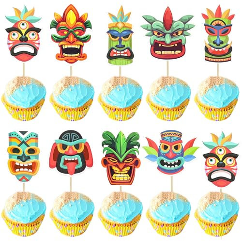 Ephlyn Tiki Tribal Masken, Cupcake-Topper, hawaiianische tropische Tiki-Totem-Cupcake-Picks, Sommer, Hawaii, Aloha, tropische Geburtstags-Cupcake-Dekorationen, Partyzubehör, 36 Stück