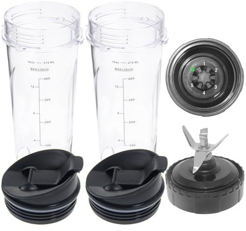 Pièces de rechange pour mixeur Ninja de 473,6 g avec couvercles à siroter et à sceller, lame d'extraction à 6 ailerons compatibles avec BL660 BL770 BL772 BL740 BL780 BL663, tasses Ninja à portion