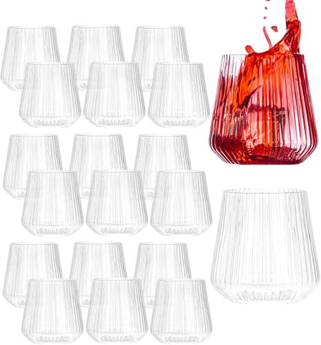 20 Pack 14 OZ Unbreakable Plastic Wine Glasses, Stemless Plastic Wine Cups, Ribbed Origami Reusable Indoor Outdoor Drinking Glasses, Red White Tumblers Picnic Camping Whiskey Cocktail Glasses(14OZ)