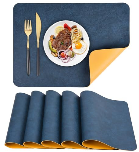 APLKER Set de Table en Cuir Lot de 6 Sets de Table Lavable imperméables PU Résistant à la Chaleur pour Cuisines Restaurants et hôtels 40 x 30 cm (Bleu & Jaune, 6)