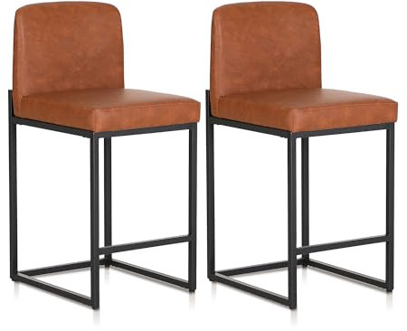 ALPHA HOME Barhocker 2er Set Barhocker mit Lehne Pu-Leder Küchenhocker Barstuhl 2er Set mit Fußstütze für Küchentheke Stabiler Metallstahlrahmen, Braun