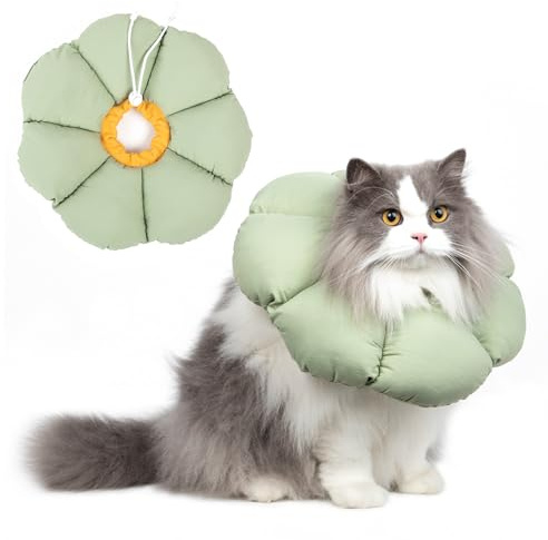THKOFPET Katzenhalskrause, Einstellbarer Katzenkegel, Weiches Blumen Katzenhalsband, für Katzen und kleine Hunde, Nach Operation und Verletzungen, Grüner, L