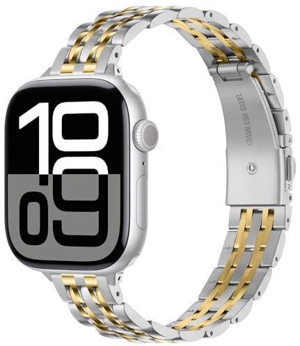 Anlinser Metallarmband Kompatibel mit Apple Watch Armband für Damen 38/40/41/42/44/45/46/49mm, Dünnes Edelstahlarmband für iWatch Ultra 2 Serie 10 9 8 7 6-1 SE (42/41/40/38mm, Silber Gold)
