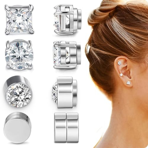 WOZNU 4 Paare Edelstahl Magnetische Ohrstecker für Männer Frauen Nicht Piercing CZ Hypoallergen Non-piercing Clip on Ohrringe Zirkonoxid 6MM