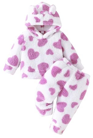 Kunyeah 2pcs Neonata Vestiti In Pile Infantile Peluche Pullover Felpa Neonato Manica Lunga Top Pantalone Set Caldo Felpe Con Cappuccio Vestito (Viola, 18-24 mesi)