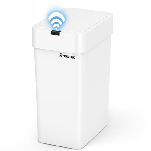 Lovewind Cubo de Basura de Baño, 9L Cubo de Basura de Baño con Tapa, Cubo de Basura con Sensor Estrecho, Impermeable, Blanco, para Baño, Dormitorio, Cocina, Oficina