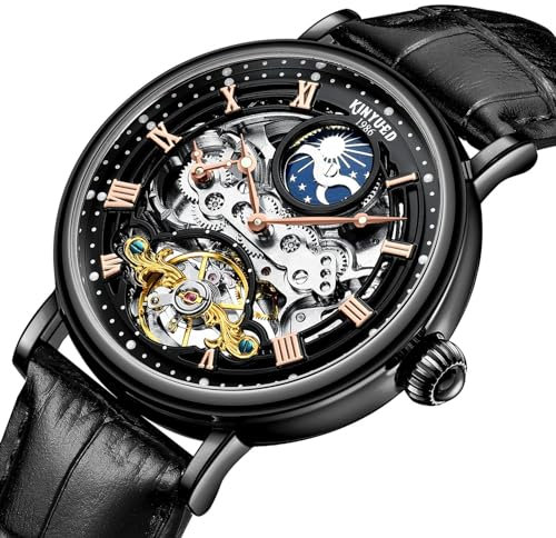 HFWXYSA Herren-Armbanduhr, automatisch, Skelett, Diamant, luxuriös, mechanisch, selbstaufziehend, wasserdicht, leuchtend, mit Lederband, Schwarz