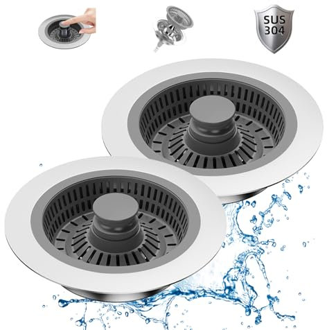 Tapón de desagüe y colador para Fregadero de Cocina, 2 Unidades 3 en 1, Filtro de desagüe de Suelo de Acero Inoxidable para desagües estándar, Dispositivos de protección Ideales para el Fregadero de