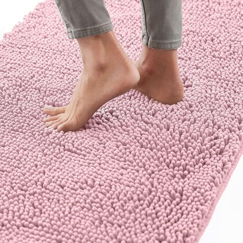 wyewye Chenille Bathroom Mat, Extra Soft Bathroom mat Non-slip,Super Absorbent Fluffy and Shaggy Bath Mats, Machine-Washable Quick Dry Bath Rug Foot Mat, Pink