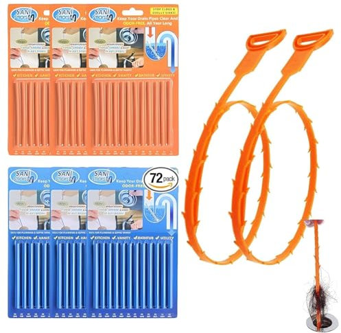 GegXcn 72 Pack Easy Flow Drain Sticks & Drain Snake, Prevents Blockages & Odors, for Shower, Kitchen Sink and Bathroom, Includes 2 Clog Remover Tool