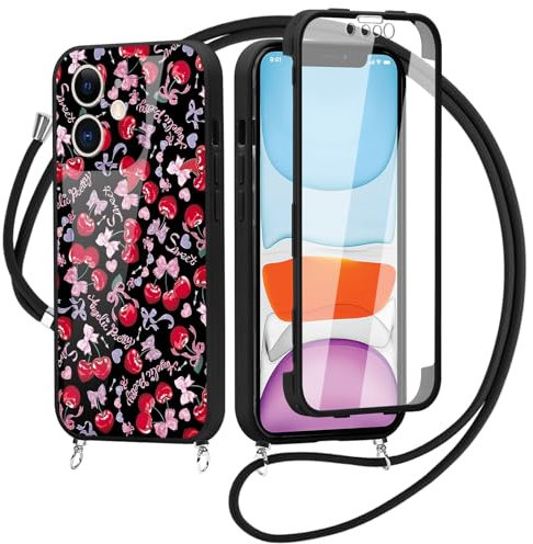 Saqmkil Funda con Cuerda para iPhone 11 6,1'' con Protector de Pantalla Integrado, 360 Grados Transparente Antigolpe Carcasa con Ajustable Collar Cordón, Aesthetic Dibujos Diseño Case, Pajarita 01