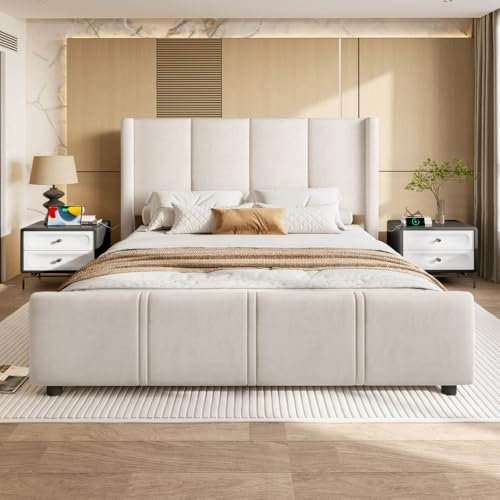 Zubaliya Lit rembourré 160 x 200 cm avec Port USB + Type-C,tête et Pied de lit Hauts,Cadre de lit 2 personne160 x 200 avec sommier à Lattes,Velours (Beige)