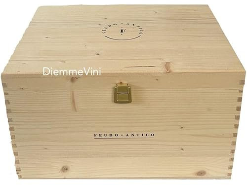 Generico Caja de madera para 6 botellas de vino Feudo antiguo, 33 x 26 x 19 cm, pino macizo con tapa y cierre de latón, marca a fuego