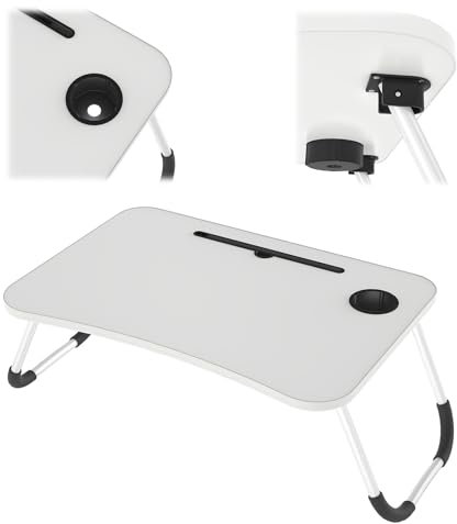 UISEBRT Laptoptisch, Tragbar Betttisch für Bett, Klappbar, Mit Getränkehalter, Ideal für 17 Zoll Laptops, 60x40x26.5 cm, Faltbar für Einfache Aufbewahrung,Warmweiß