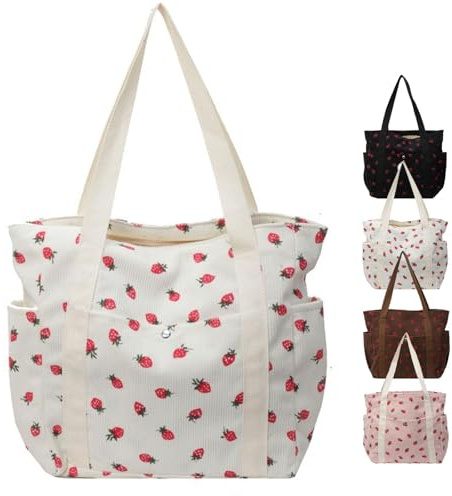 LOHOM Cordtasche Damen, Erdbeer-Print Tote Bag, Mittel (15.4 x 13.3 x 5.4 in / 39.3 x 33 x 9 cm), 6-18 Jahre, Female